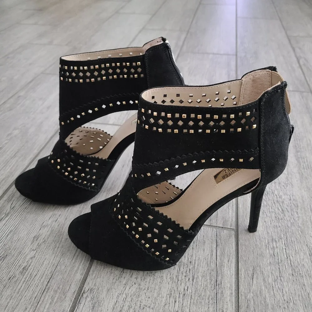 Jennifer Lopez Black Cutout Studded High Heel Sandals Size 8